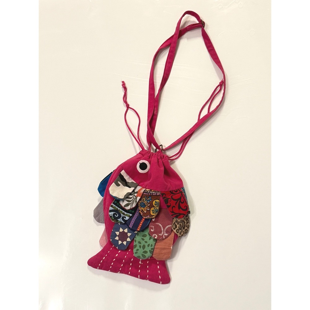 Artisan Pink Fish Patchwork Crossbody Bag Drawstring Cotton Jute Boho Handbag